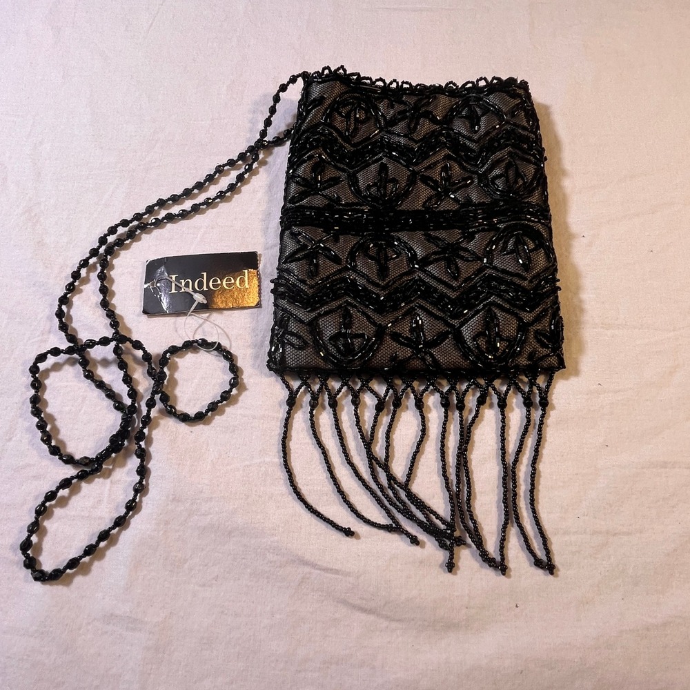 Indeed Black Beaded Lace Evening Clutch‎ Purse Bag Fringe Strap